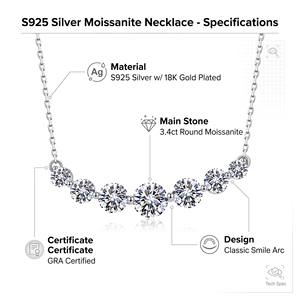 GRA-Zertifizierte 3,4ct Moissanit Sternenfluss-Halskette S925 Sterling Silber 18K Weiß<span class=keywords><strong>gold</strong></span> Plattiert Lächelnder Gebogener Anhänger Geschenk für Frauen - Product Image 4