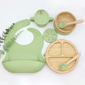 2023 New Product Bamboo Dinner Plate Bowl With Suction Cup 2-in-1 Water Cup Bib Wooden Spoon Fork Dinnerware Set