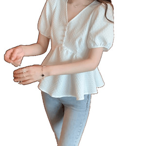 Camicetta Elegante in Chiffon Stile Coreano per Donne e Ragazze, Nuova Moda con Scollo a V, Maniche Corte a Sbuffo, Decorazione con Bottoni, Tinta Unita Lavorata a Maglia - Product Image 2