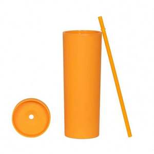 Botella de agua acrílica de vaso Delgado mate de plástico de doble pared reutilizable de 450Ml/16Oz con pajita - Product Image 5