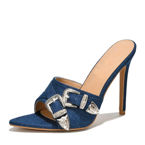 Camouflage Metal Buckle Women Peep Toe Sandals Stiletto Dress Shoes Thin High <b>Heels</b> on Denim Mules Slides - Product Image 5
