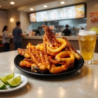 Anillos y Tentáculos de Calamar Fritos Congelados Crujientes al por Mayor, Mariscos Procesados, Snack Salado de Mariscos a Granel 20kg