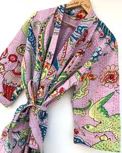 Robe longue Kantha Kaftan pour femmes, imprimé floral, col en V, ceinture, vêtements décontractés pour la maison, vêtements de plage - Product Image 1