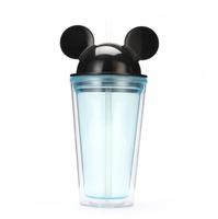 Gratis Ongkir di AS 350ml 450ml 650ml Gelas Minum Lucu Mickey Minnie Mouse dengan Pita di Telinga, Gelas Plastik Dinding Ganda dengan Sedotan