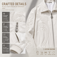 Blouson Bomber en Cuir Blanc Personnalisé avec Motif 3D en Relief pour Hommes, Logo Personnalisé, Marque Privée, Streetwear de Luxe, Fabricant OEM