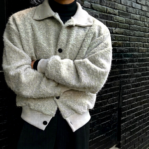 Custom Faux Fur & Mohair Collared Jacket Men Oversized Button up <b>Fluffy</b> Fuzzy Knit Winter Streetwear Cropped Coat - Product Image 1
