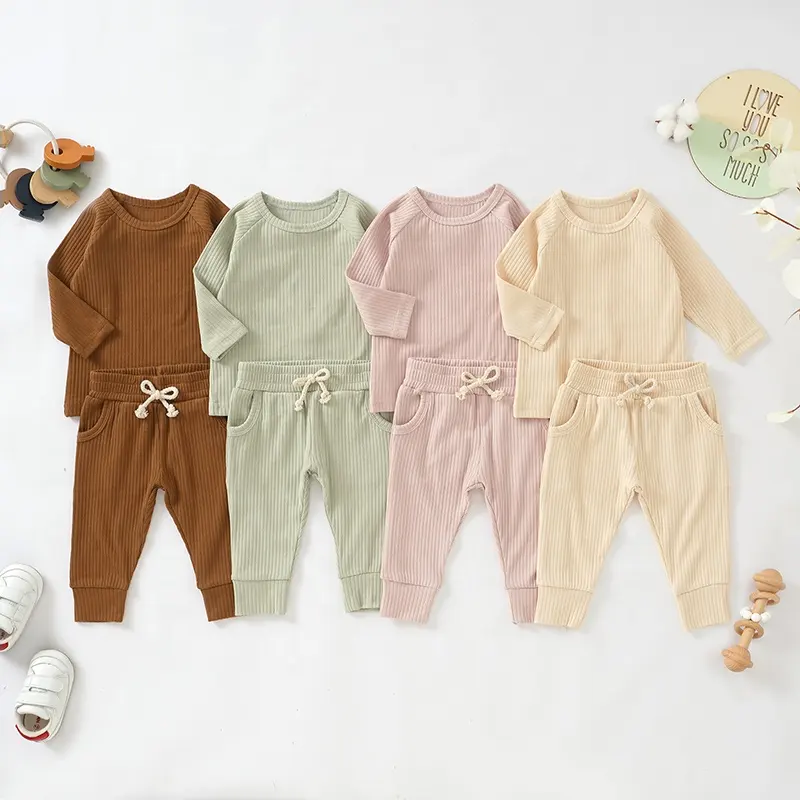 Wholesale Organic Knitted Full Sleeve Spring Autumn 4x2 Ribbed Cotton Baby Pajamas Set Sleeping Clothes