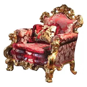 French Baroque Carved wood Fabric Armchair in gold leaf/ Luxury living room furniture sofa