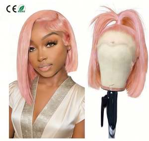 13X4 Double Drawn Glueless Baby Hair for <b>Wigs</b> Pink Human Hair Brazilian Remy Short Bob 8 Inches Stretched HD Transparent - Product Image 1