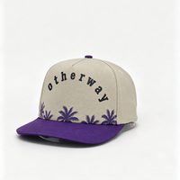 Topi Baseball Dua Warna Ungu dengan Motif Daun Palem Tropis, Topi Liburan Pantai Model High Crown, Topi Kasual Surfing Snapback yang Dapat Disesuaikan