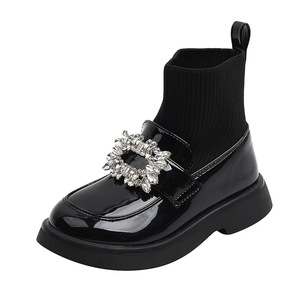 Fashion Girl's Sock Boots Non-Slip Sole Autumn Winter Kids <b>Block</b> Heel Boots Ankle Booties With Rhinestone - Product Image 1