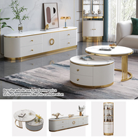 Ensemble de meubles de salon modernes de luxe, meuble à vin d'angle, acier inoxydable doré brillant, plateau en marbre, meuble TV, table basse, rangement