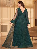 Robe de soirée élégante vert émeraude à col en V, manches longues, taille haute, paillettes scintillantes, fente latérale, pour femme grande taille, idéale pour les mariages et l'été