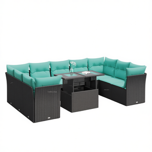Conjunto de sofás de patio al aire libre de ratán sintético con cojines, muebles de jardín, 10 piezas, diseño contemporáneo, marco negro - Product Image 1
