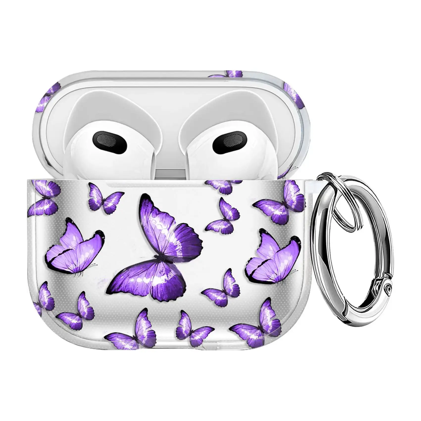 Imd Print Paarse Vlinder Leuke Case Voor Airpods 3rd Generatie Clear Tpu + Pc Oortelefoon Cover Met Sleutelhanger