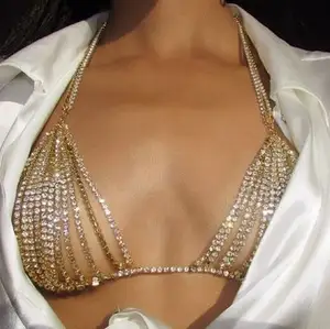 Seksi takı seti bayan Rhinestone vücut zincir mayolar gece kulübü ışıltılı meme göğüs Bikini sutyen elbise vücut zinciri