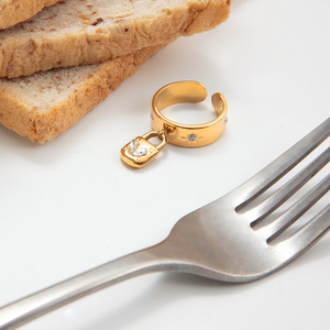 18K Gold Stainless Steel <b>Ring</b> With White Heart Zircon Lock Pendant <b>Open</b> Design Unisex Everyday Wear - Product Image 4