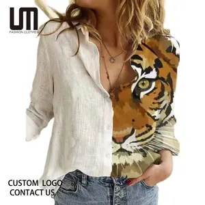 लियू मिंग कस्टम लोगो मुद्रित महिला फैशन ग्राफिक प्रिंट विंटेज लंबी आस्तीन बटन महिला ब्लाउज शर्ट