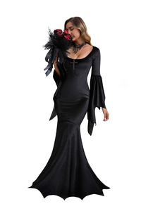 Costume de sorcière d'Halloween pour femmes adultes, robe longue gothique noire, manches cloche, costume de cosplay, tenue de scène pour performance - Product Image 5