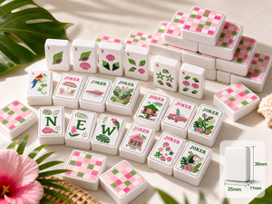 Jeu de Mahjong américain Rainforest Paradise avec des tuiles colorées représentant des perroquets, des feuilles de palmier, des coquillages et des maisons tropicales - Product Image 3