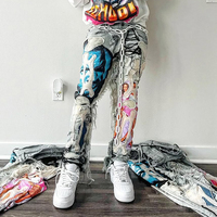 MZN High Street Hip-Hop Cargo Pantalon Stonewashed Denim Jeans Skull Bones Brodé Patches Rivet Décoration Solide Conique Baggy