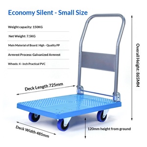 Chariot à plateforme pliable en plastique bleu lac avec poignée en acier, chariot à quatre roues pour le transport en entrepôt et en supermarché - Product Image 2