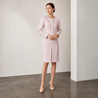 Ensemble veste en tweed et jupe crayon rose bouclé, tenue deux pièces pour femme, blazer sans col avec boutons argentés