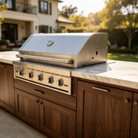 Cuisine extérieure modulaire en acier inoxydable avec station barbecue, robinet, charnière, glissière de tiroir, panier de tiroir et plan de travail en quartz