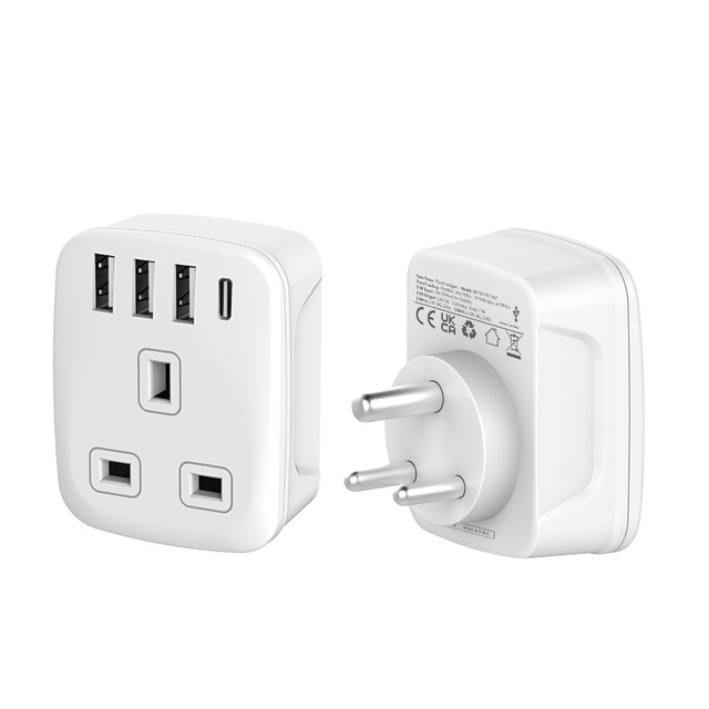 Grounded UK to 3 Pin India USB Plug Travel Adapter with 3 USB+ USB C Fast Converter Adaptor for India,Sri Lanka,Pakistan(Type D)