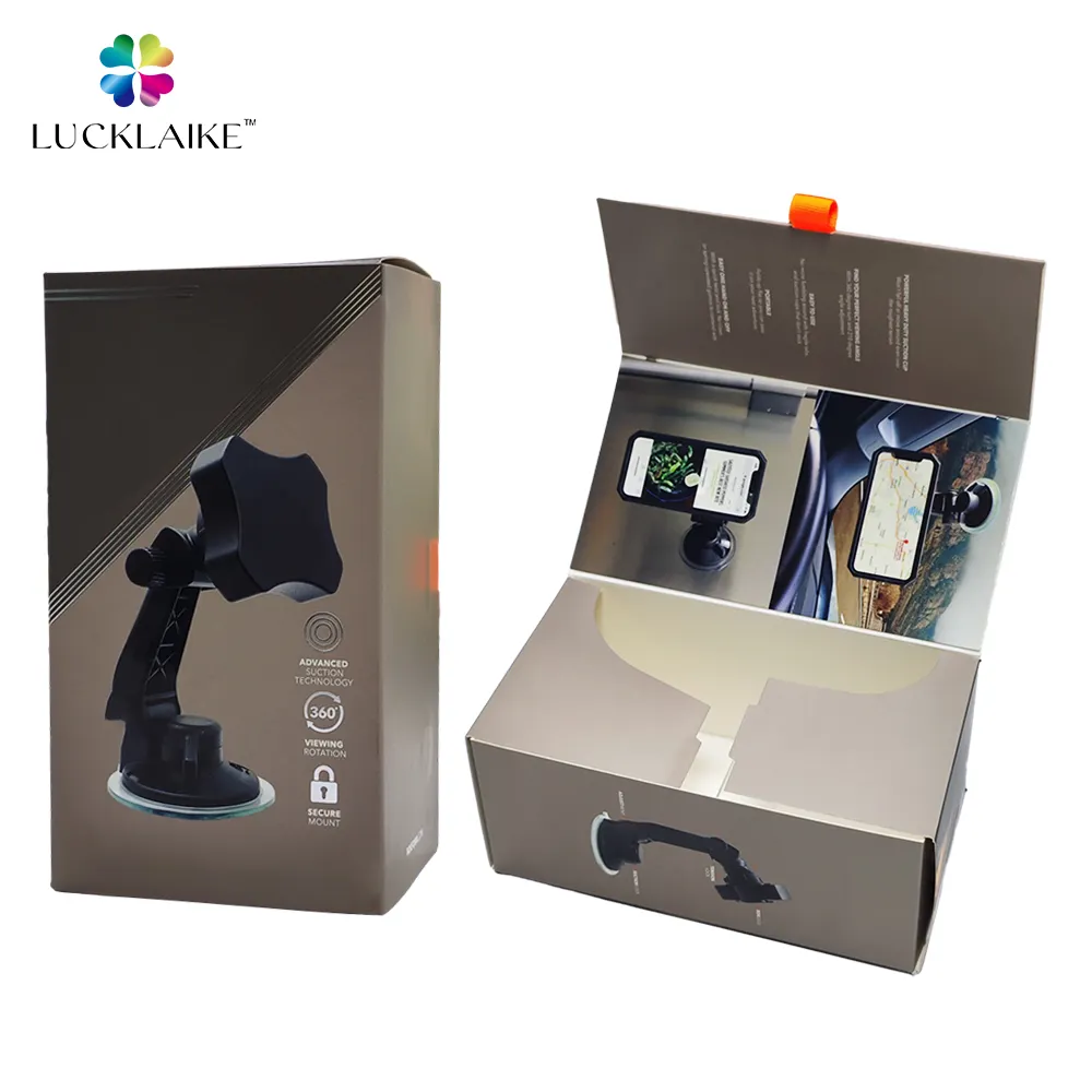 चुंबक ढक्कन के साथ कस्टम खाली विज्ञापन इलेक्ट्रॉनिक लेपित कागज मोबाइल स्टैंड कार फोन धारक यूवी प्रिंटिंग पैकेजिंग बॉक्स