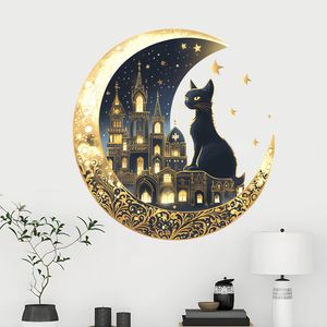 Design mystique du Ramadan avec une lune croissante dorée, un château enchanté avec des lumières douces et un chat mystérieux sur une perchoir - Product Image 1