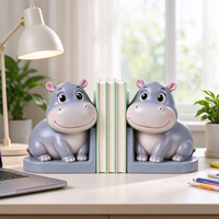 Paire d'entretoises à livres en polyrésine motif hippopotame de dessin animé, peintes à la main, décoration de bureau pour chambre d'enfant, table d'étude, cadeau