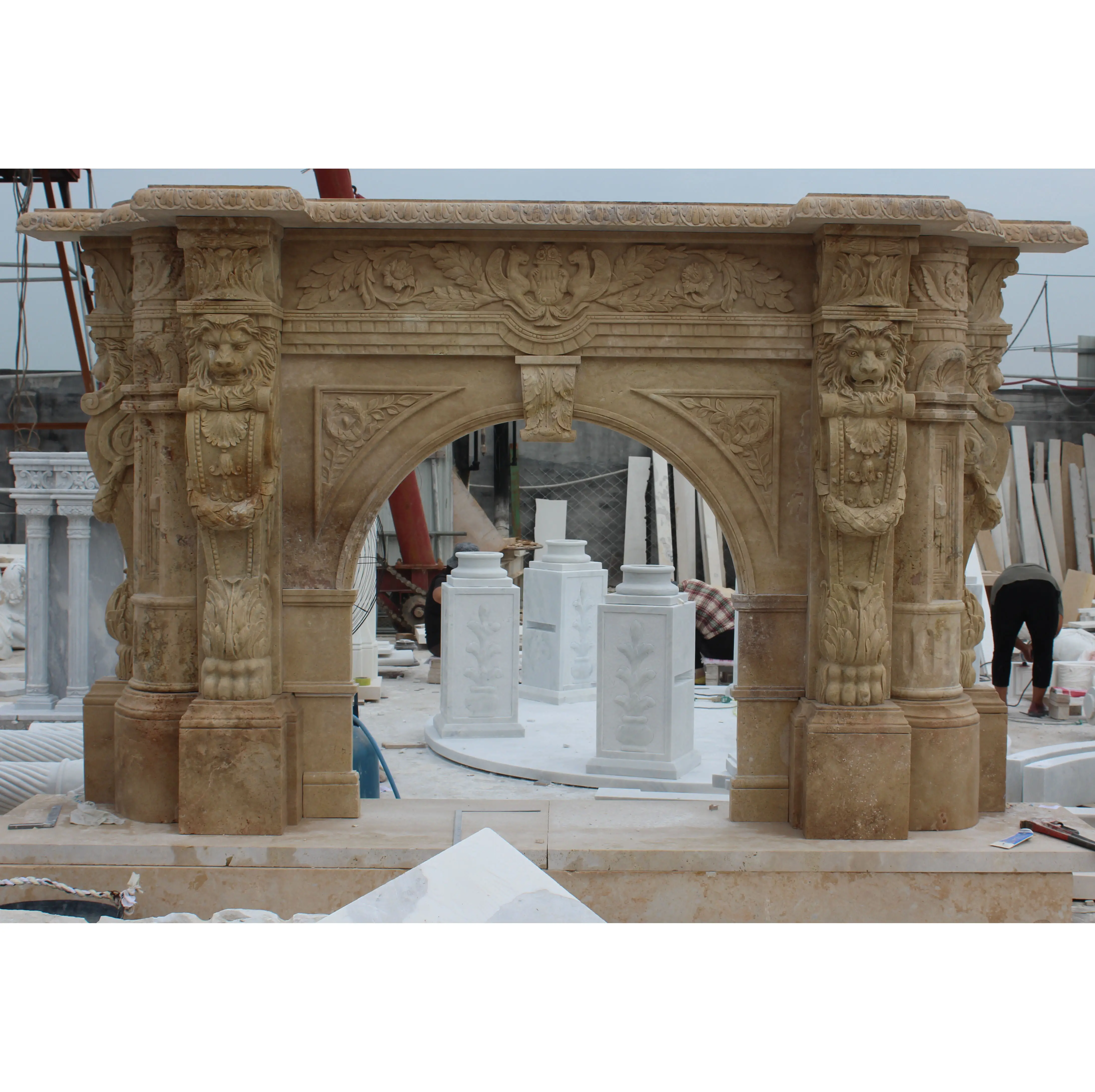 Big Large European Style Natural Stone Hand Carved Yellow Marble Fireplace With Lion Statues Surround