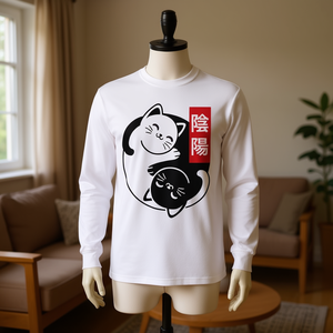 Maglietta a Maniche Lunghe Unisex con Gatti Yin Yang, Collo Tondo, Stampa Digitale, Abbigliamento Promozionale - Product Image 2
