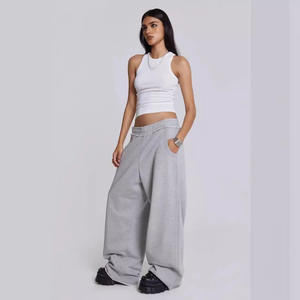 K01 Retro Grey Casual Straight Distressed Sweatpants <b>Unisex</b> Mid 100% Cotton Loose Slimming <b>Skirted</b> Edge Pants - Product Image 2