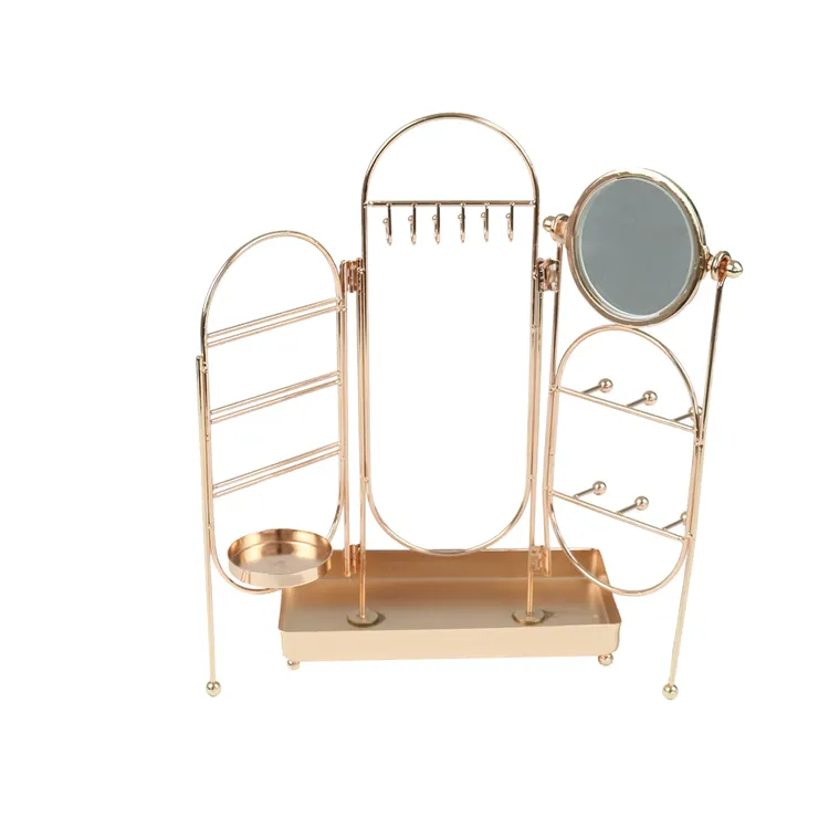 Multi-function Lovely Luxury Gold Jewelry Display Rack With Makeup Mirror