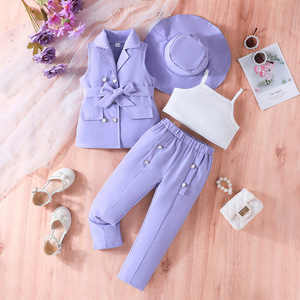 Abbigliamento per bambini Set di abbigliamento Casual per ragazze senza maniche gilet Tag giacca pantaloni con un cappello alla moda festa di compleanno - Product Image 2