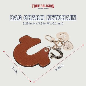 Breloque de sac en forme de fer à cheval gaufré avec pendentif cœur et détail logo, finition dorée, couleur cognac - Product Image 2