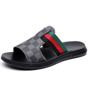 Sandales à enfiler à carreaux, bout ouvert, semelle extérieure en caoutchouc antidérapante, chaussures de plage décontractées d'été, tige textile, style à enfiler - Product Image 5