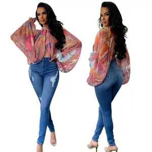 womens fashion nlace-up printed chiffon shirt with dolman sleeves top