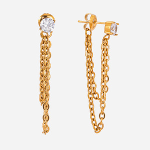 Pendientes de Araña con Cadena Dorada, Borla Redonda y Circonita Blanca Engastada en Garra, de Acero Inoxidable, Joyería para Fiesta - Product Image 1