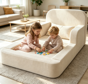 Canapé-lit pour enfants moderne et minimaliste, pliable 2-en-1, fauteuil pour tout-petits, multifonctionnel, coussin en peluche, velours côtelé crème, canapé-lit pour enfants M - Product Image 5