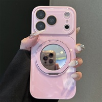 Coque de téléphone antichoc en PC brillant fluorescent avec miroir de maquillage, béquille rotative et grande lentille pour iPhone