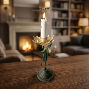 Candelero con Forma de Flor y Hojas Verdes, Decoración para el Hogar, Candelero de Metal Duradero - Product Image 6