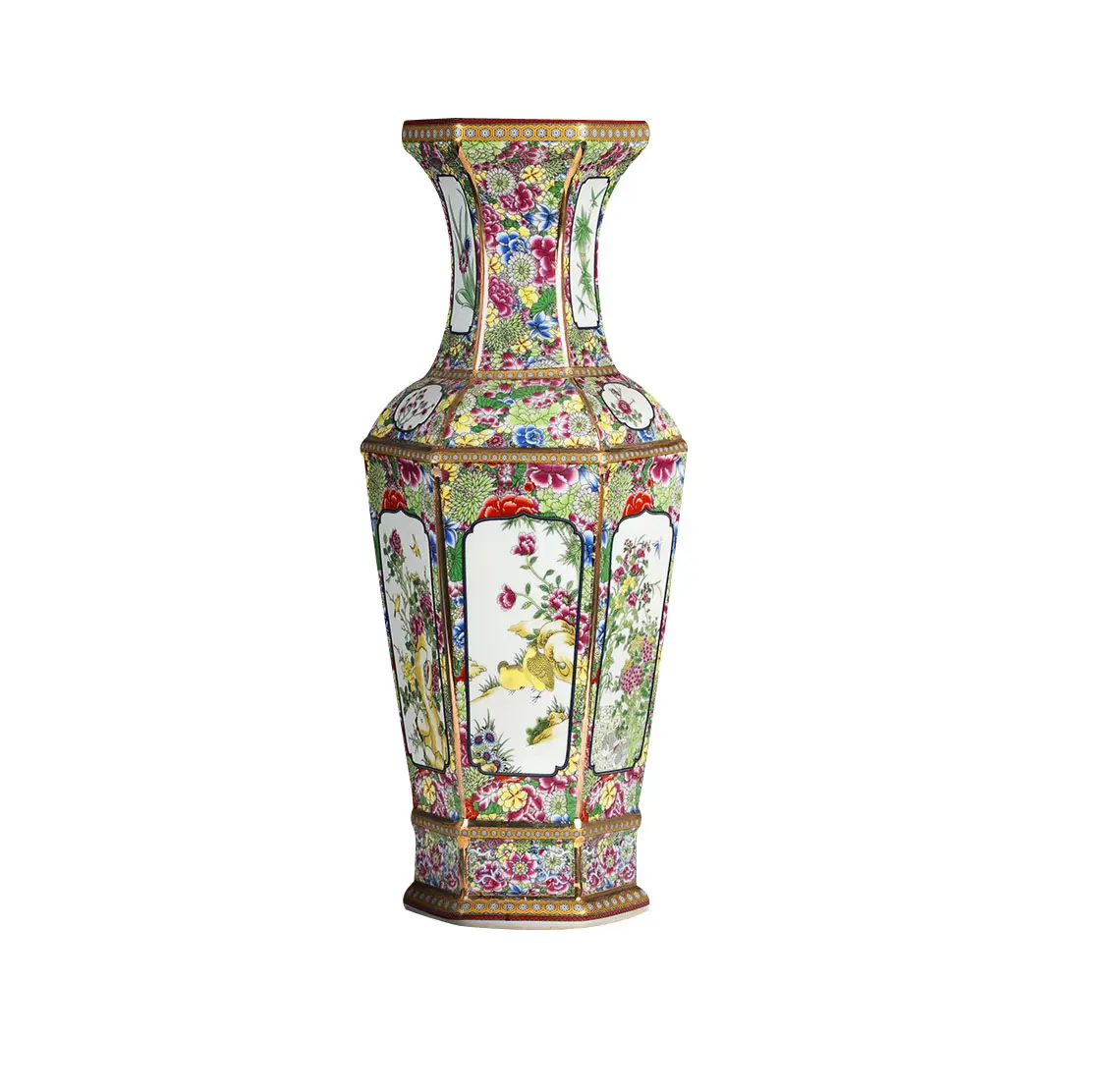 Jarrón de la dinastía Qing Overglaze patrón de flores y pájaros decoración del hogar esmalte antiguo hexágono Jingdezhen jarrón de cerámica