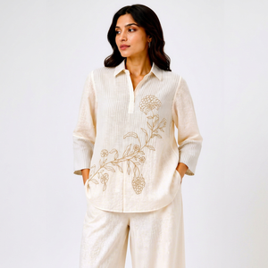 Women’s Ivory Floral Embroidered Shirt and Wide Leg Pants Co Ord <b>Set</b>, Elegant 2 Piece Casual Ethnic Wear Outfit, Premium Fashion - Product Image 1