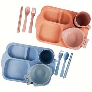 Ensemble de 6 pièces : assiette, tasse, bol, baguettes, fourchette, cuillère - Sets de vaisselle en paille de blé, assiettes à compartiments - Product Image 4