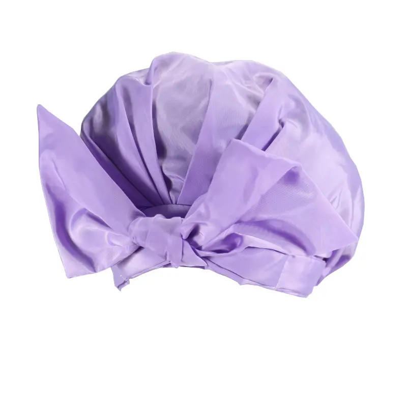 Toptan düz renk elastik özel Logo uyku kap yay düğüm gece ipek saten saç kaput kadınlar için
