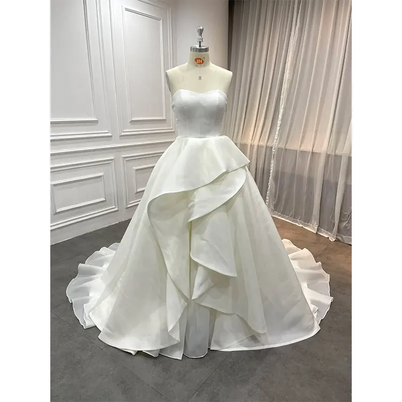 Custom Elegant A Line French Organza Ivory Wedding Dresses Women Sweetheart Strapless Ruffled Skirt Gown Bridal Vestido De Novia