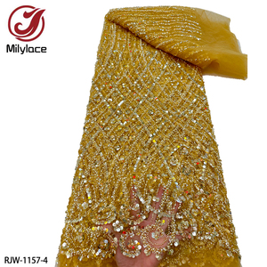 ブライダルゴールドヘビーハンドメイドビーズ刺繍フレンチレース生地高級スパンコールビーズレース生地ウェディングドレス用 - Product Image 1